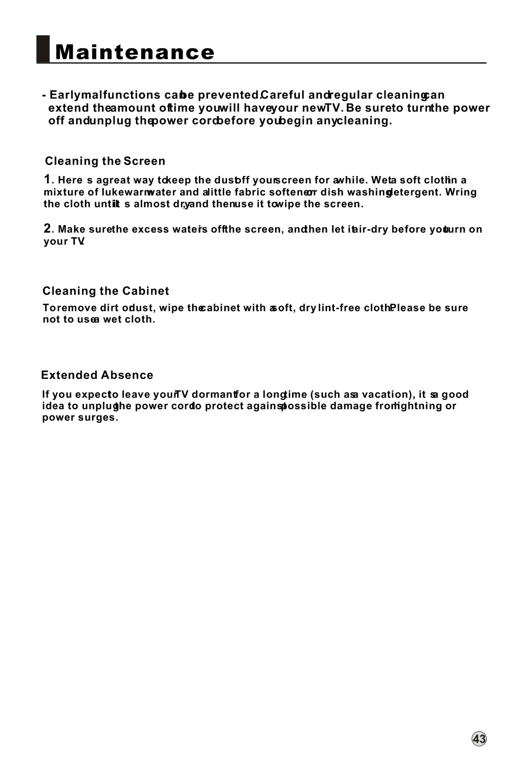 Haier L42A18-A, L52A18-AK owner manual Maintenance, Cleaning the Screen 