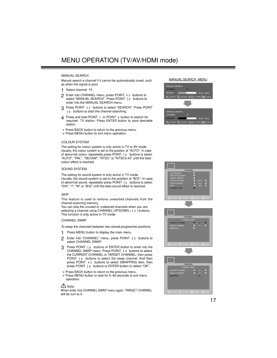 Haier LCD-24K50(W), LCD-24K50(R) instruction manual Manual Search, Colour System, Sound System, Skip, Channel Swap 