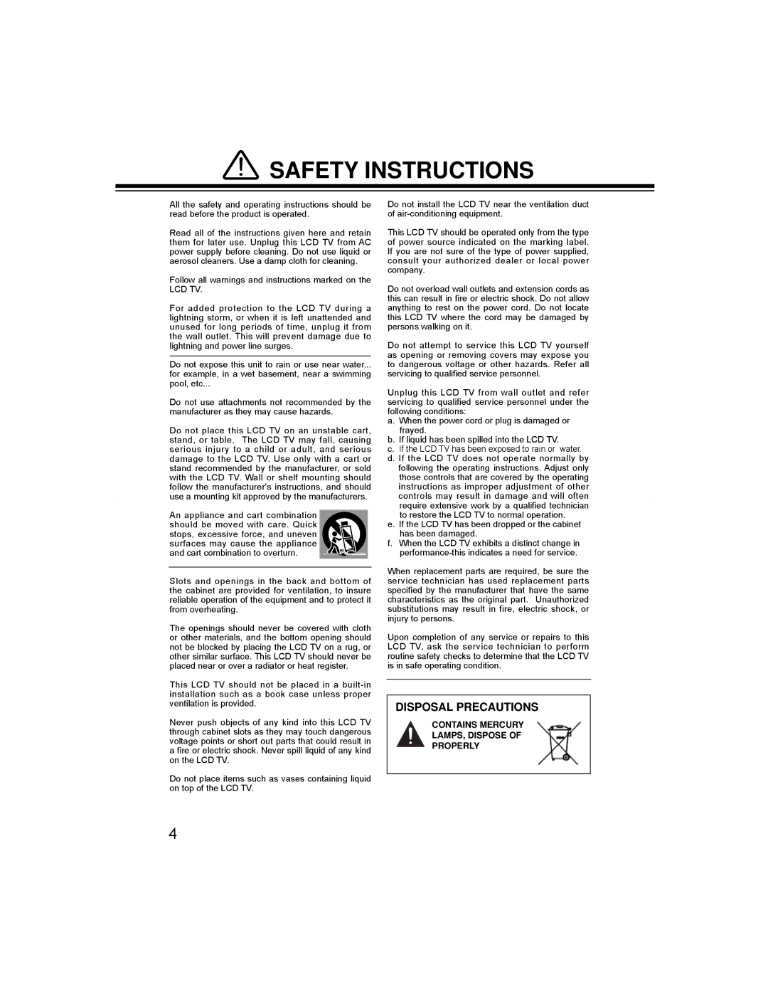 Haier LCD-24K50(R), LCD-24K50(W) instruction manual Safety Instructions, Lcd Tv, Contains Mercury LAMPS, Dispose Properly 