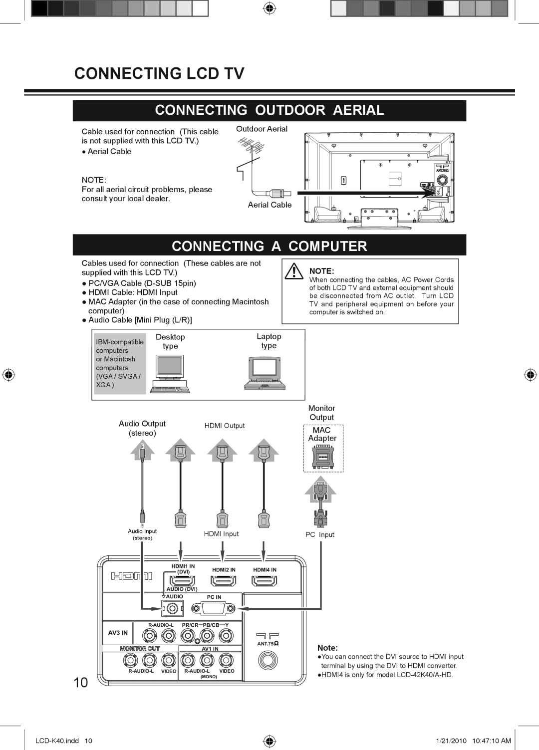 Haier LCD-32K40A, LCD-42K40A-HD, LCD-42K40-HD owner manual Connecting Outdoor Aerial, Connecting a Computer, Mac 