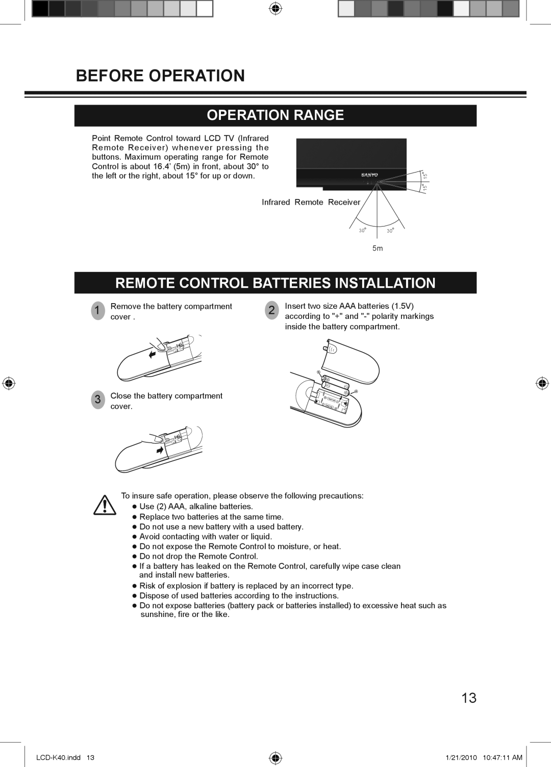 Haier LCD-42K40-HD, LCD-42K40A-HD, LCD-32K40A owner manual Operation Range, Remote Control Batteries Installation 