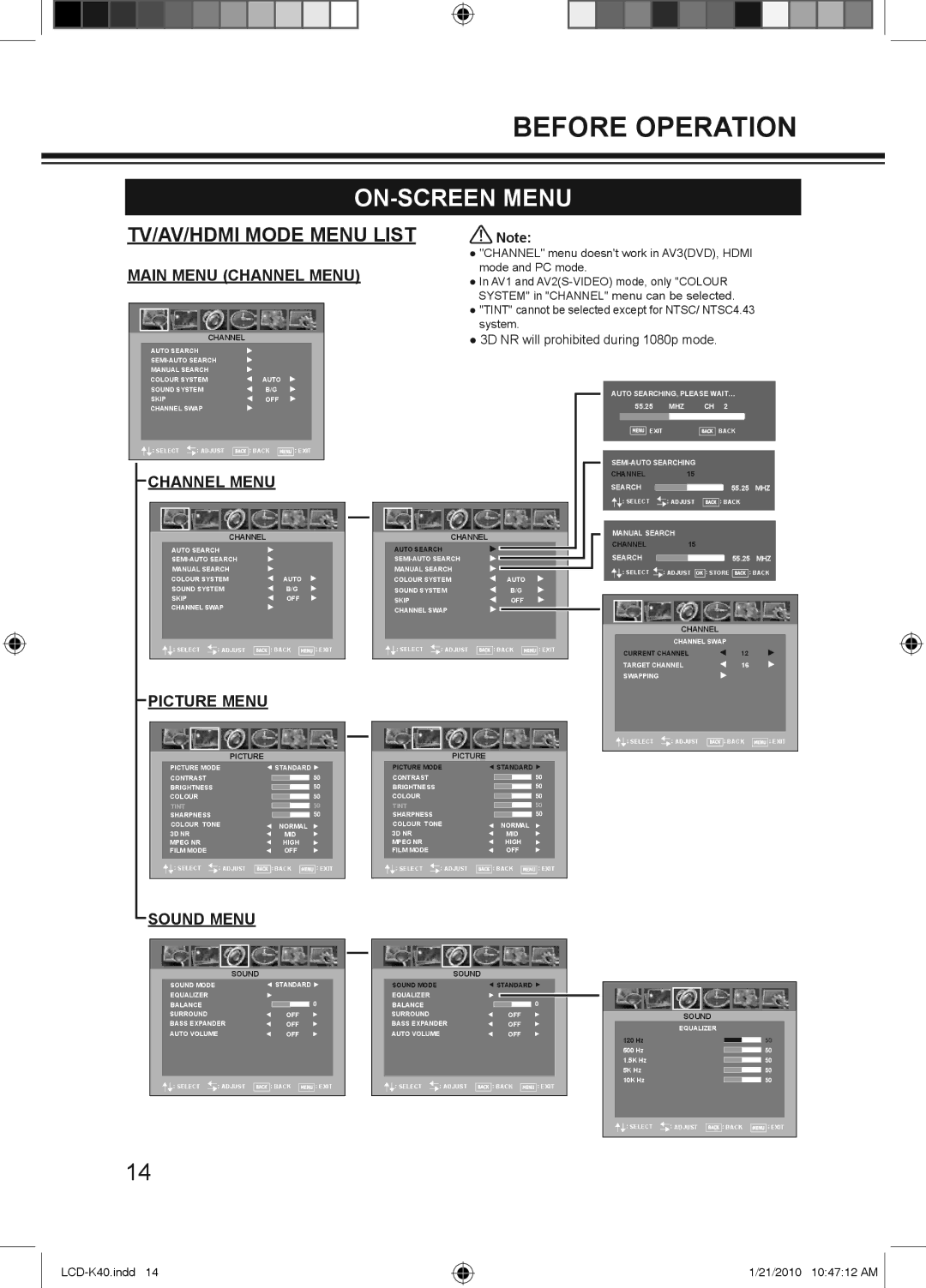 Haier LCD-32K40A, LCD-42K40A-HD, LCD-42K40-HD owner manual ON-SCREEN Menu, TV/AV/HDMI Mode Menu List 