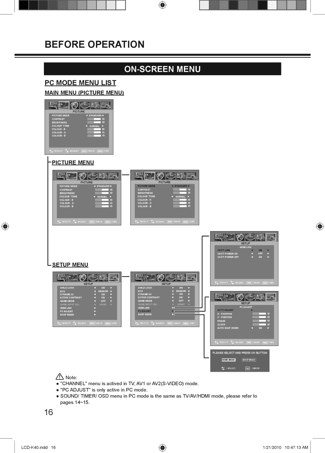 Haier LCD-42K40A-HD, LCD-42K40-HD, LCD-32K40A owner manual PC Mode Menu List 