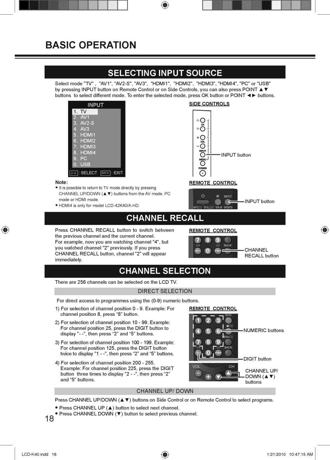 Haier LCD-32K40A, LCD-42K40A-HD, LCD-42K40-HD Selecting Input Source, Channel Recall, Channel Selection, Channel UP 