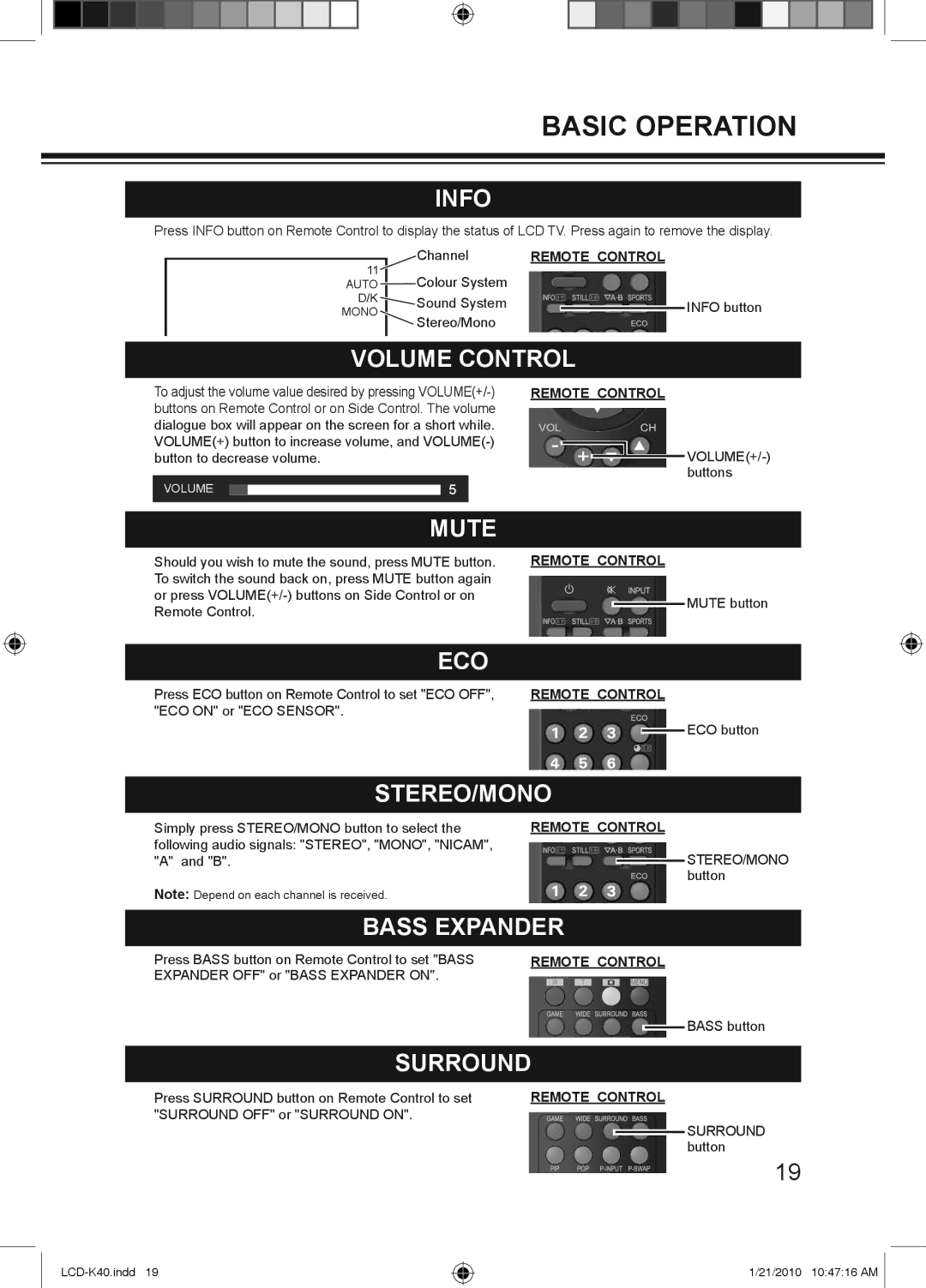 Haier LCD-32K40, LCD-42K40A-HD, LCD-42K40-HD Info, Volume Control, Mute, Eco, Stereo/Mono, Bass Expander, Surround 