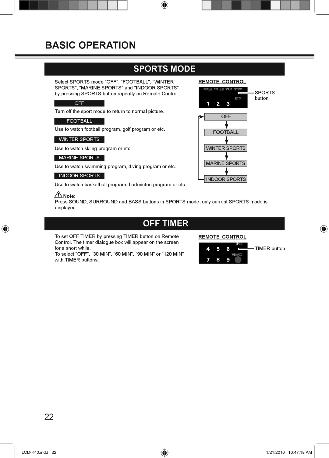 Haier LCD-32K40A, LCD-42K40A-HD owner manual Sports Mode, OFF Timer, OFF Football Winter Sports Marine Sports Indoor Sports 