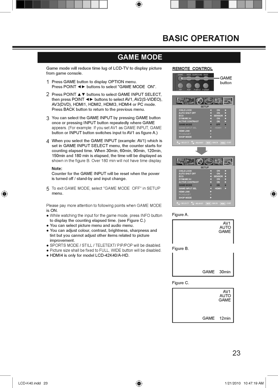 Haier LCD-42K40A-HD, LCD-42K40-HD, LCD-32K40A owner manual Game Mode, AV1 Auto Game 