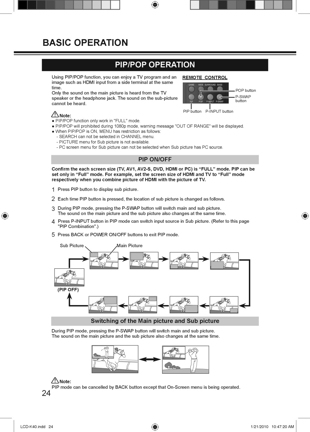 Haier LCD-42K40A-HD, LCD-42K40-HD, LCD-32K40A owner manual PIP/POP Operation, Pip On/Off 