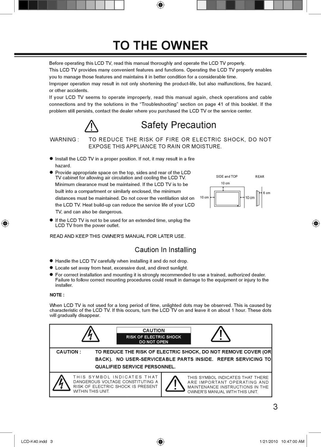 Haier LCD-42K40A-HD, LCD-42K40-HD, LCD-32K40A owner manual To the Owner, Safety Precaution 