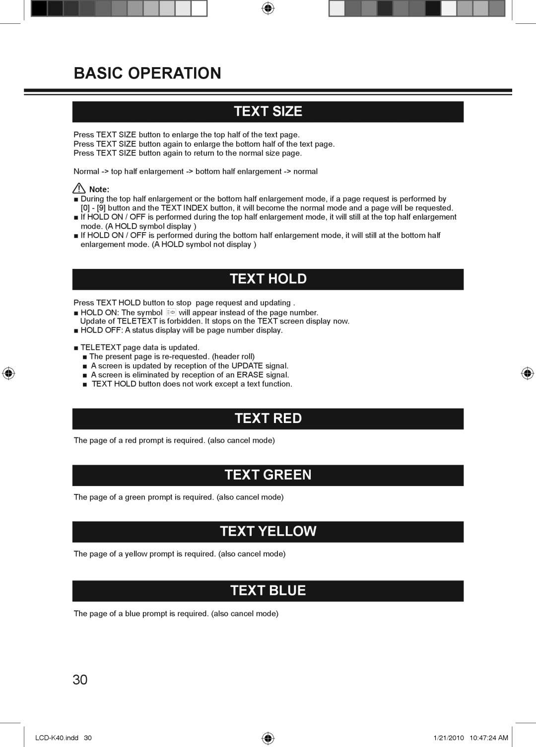 Haier LCD-32K40A, LCD-42K40A-HD, LCD-42K40-HD owner manual Text Size, Text Hold, Text RED, Text Green, Text Yellow, Text Blue 