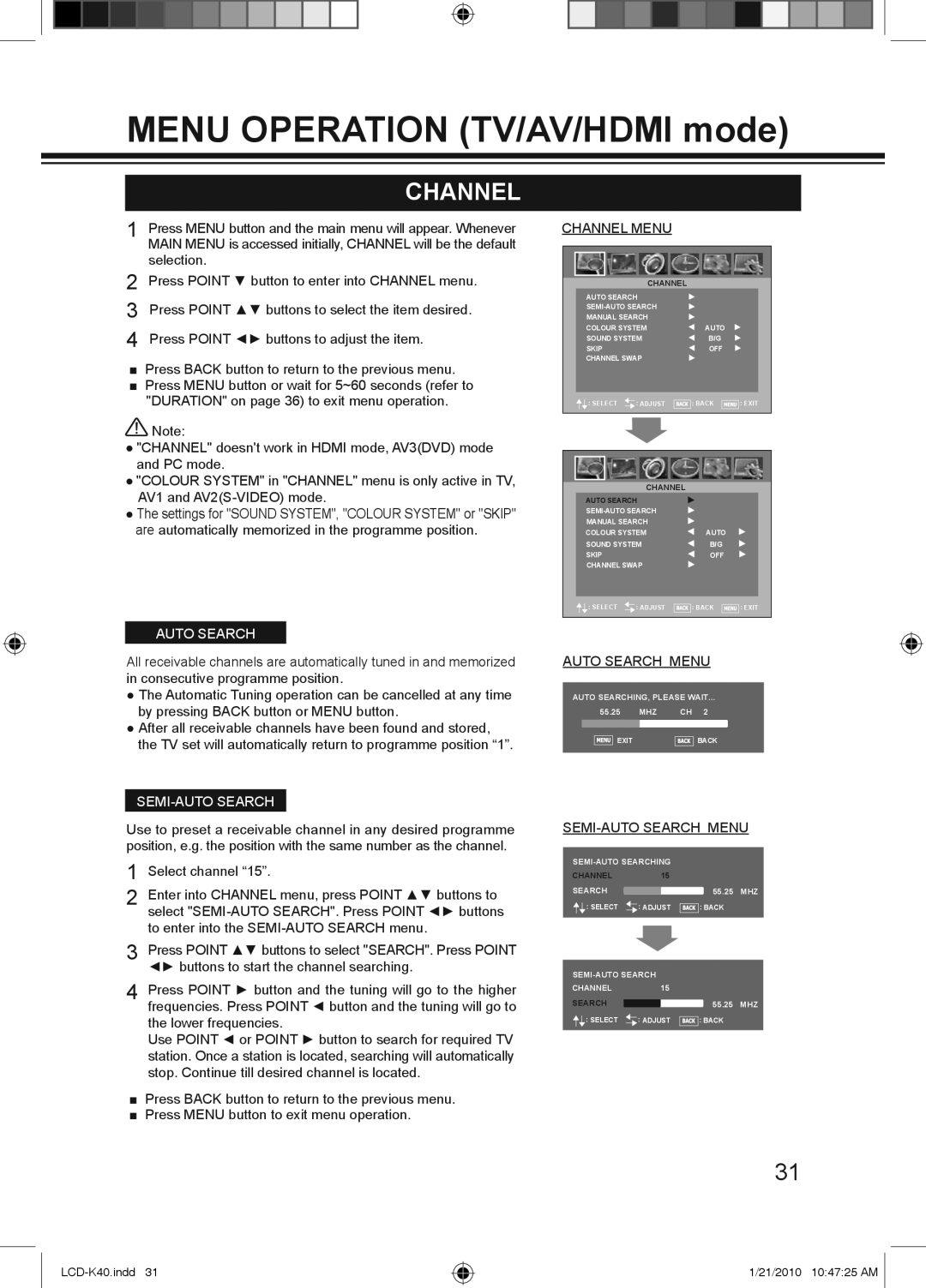 Haier LCD-42K40A-HD, LCD-42K40-HD, LCD-32K40A owner manual Channel Menu, Auto Search Menu, SEMI-AUTO Search Menu 