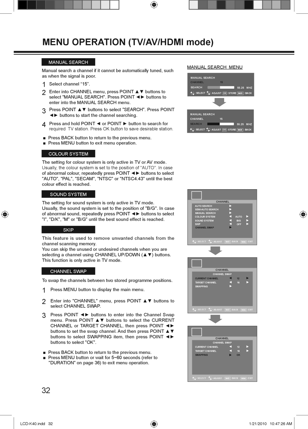 Haier LCD-42K40A-HD, LCD-42K40-HD, LCD-32K40A owner manual Menu Operation TV/AV/HDMI mode, Manual Search Menu 