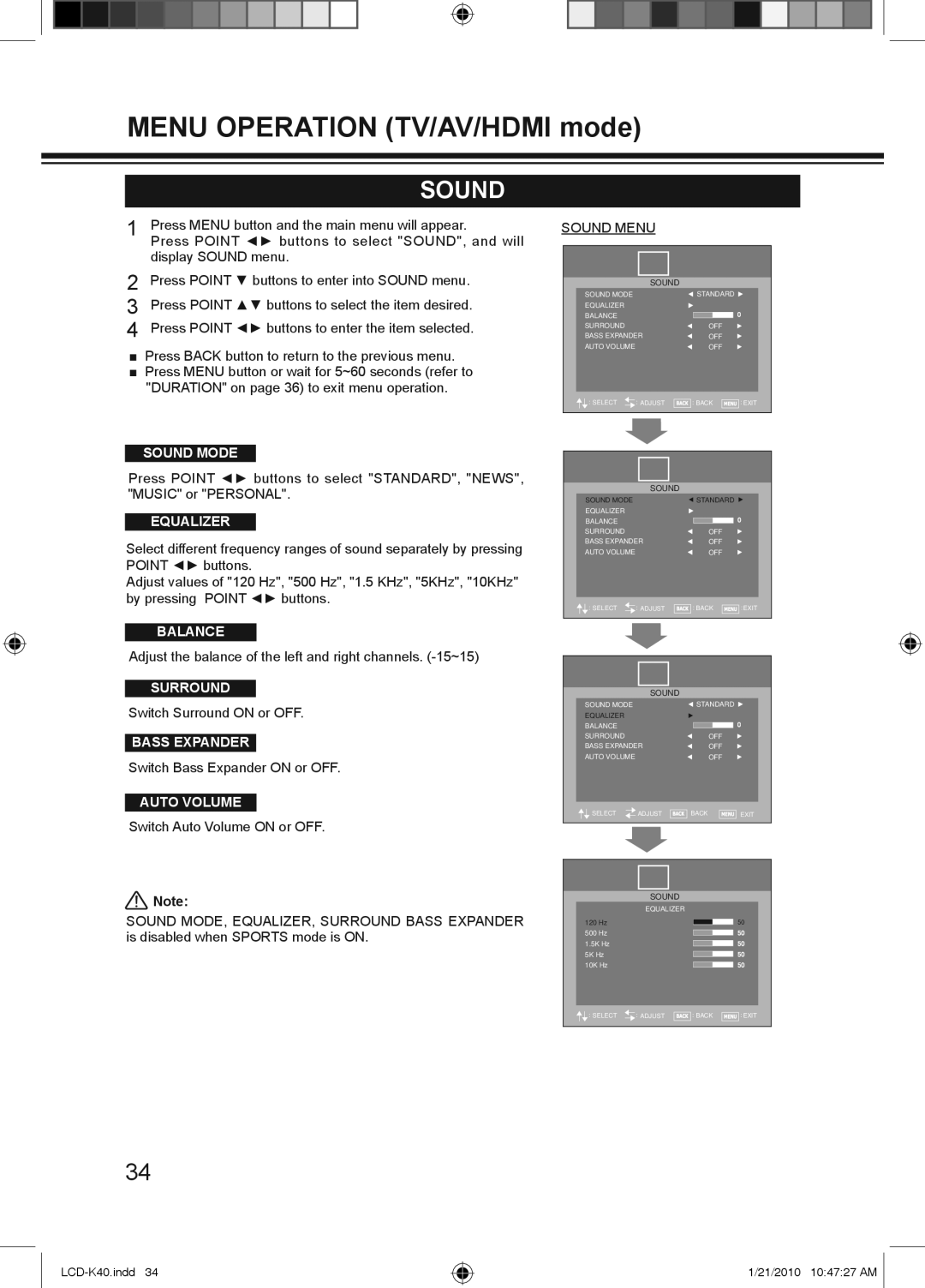 Haier LCD-32K40A, LCD-42K40A-HD, LCD-42K40-HD owner manual Sound Menu 