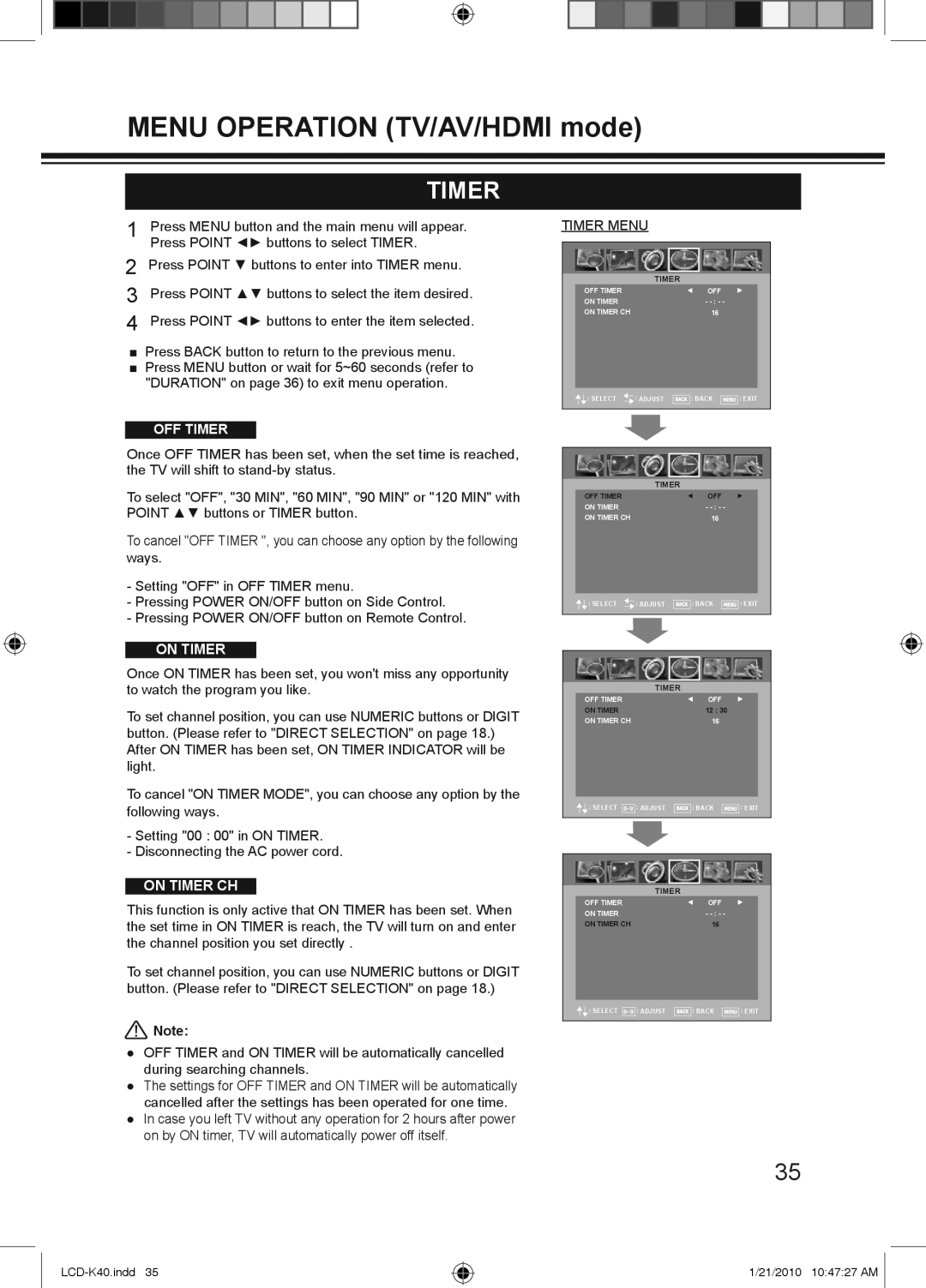 Haier LCD-42K40A-HD, LCD-42K40-HD, LCD-32K40A owner manual Timer Menu 