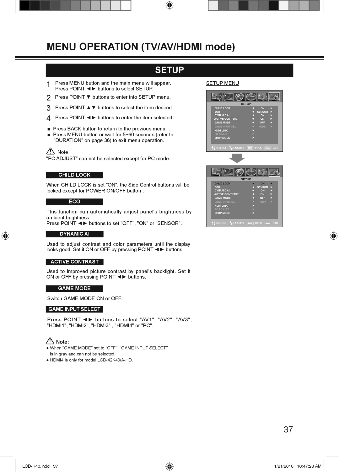 Haier LCD-42K40-HD, LCD-42K40A-HD, LCD-32K40A owner manual Setup Menu 