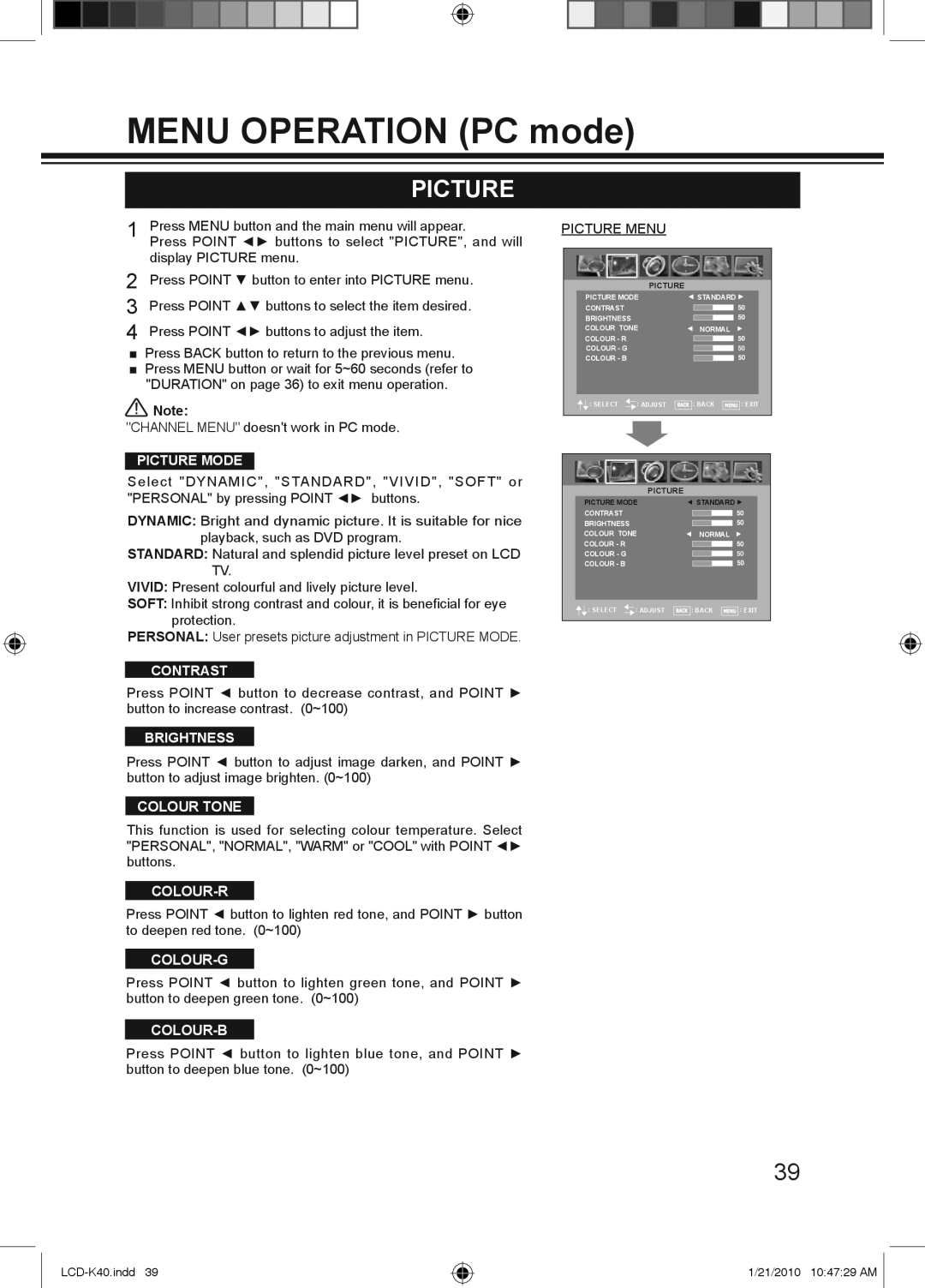 Haier LCD-42K40A-HD, LCD-42K40-HD, LCD-32K40A owner manual Menu Operation PC mode 