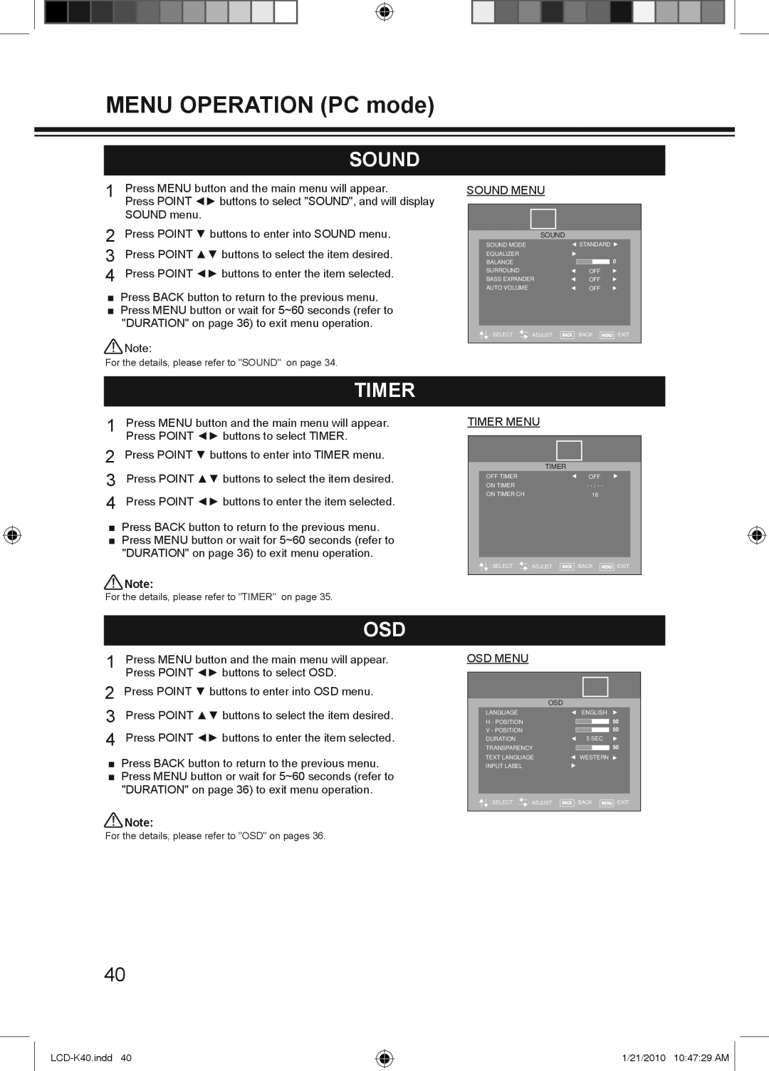 Haier LCD-42K40A-HD, LCD-42K40-HD, LCD-32K40A owner manual Menu Operation PC mode 