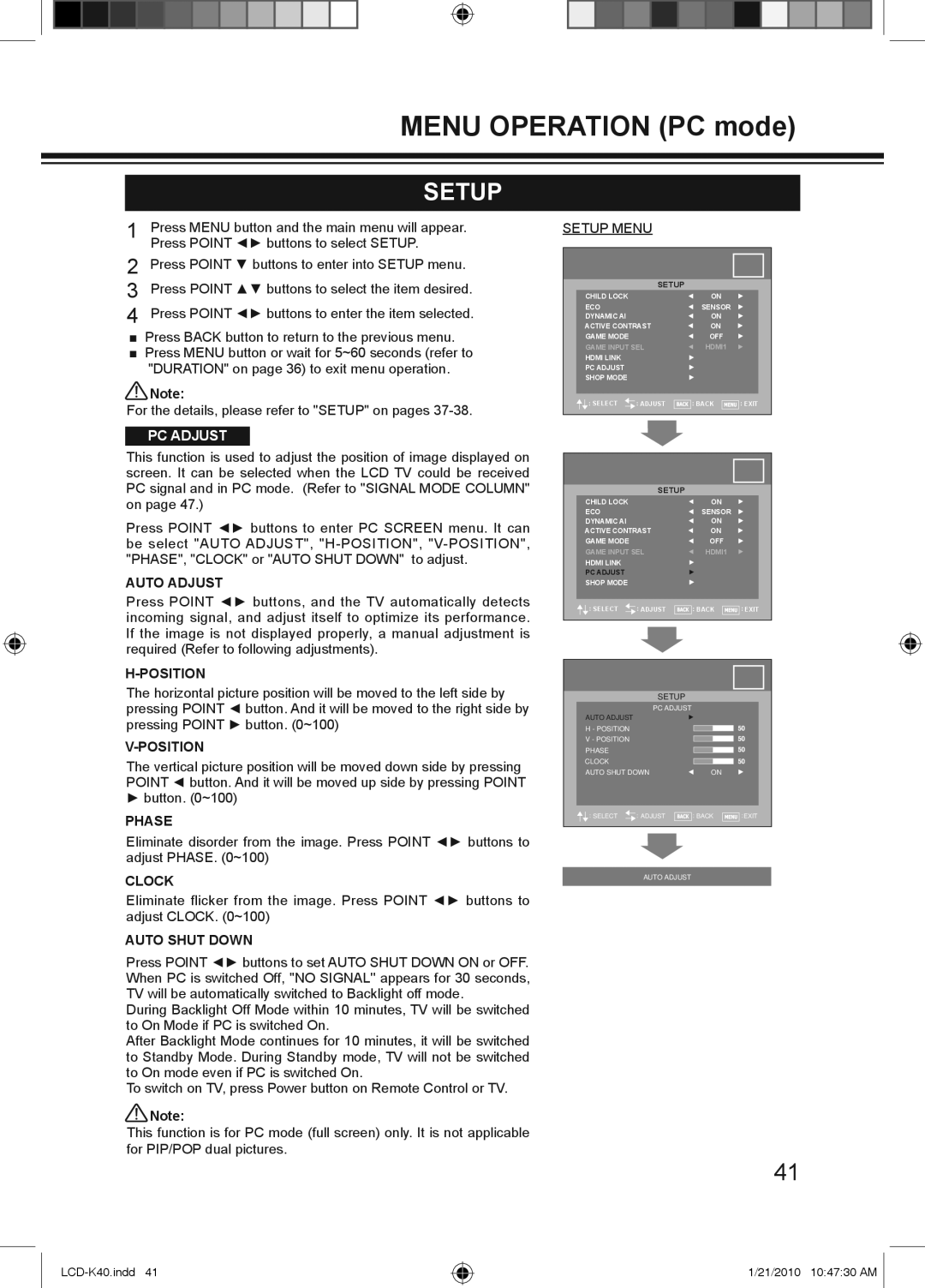 Haier LCD-42K40-HD, LCD-42K40A-HD, LCD-32K40A owner manual Setup, PC Adjust 