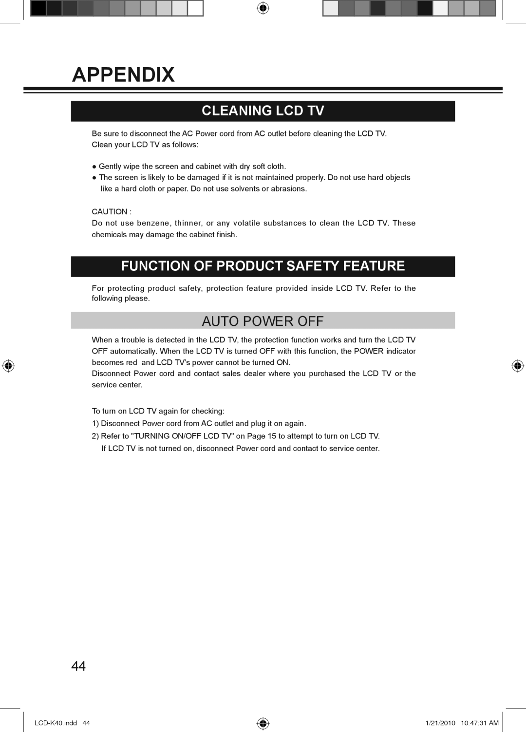 Haier LCD-42K40A-HD, LCD-42K40-HD, LCD-32K40A owner manual Appendix, Cleaning LCD TV, Function of Product Safety Feature 