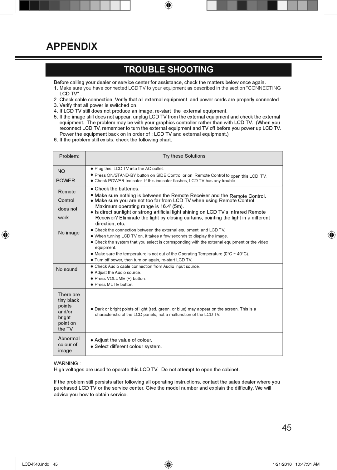 Haier LCD-42K40-HD, LCD-42K40A-HD, LCD-32K40A owner manual Trouble Shooting, Power 