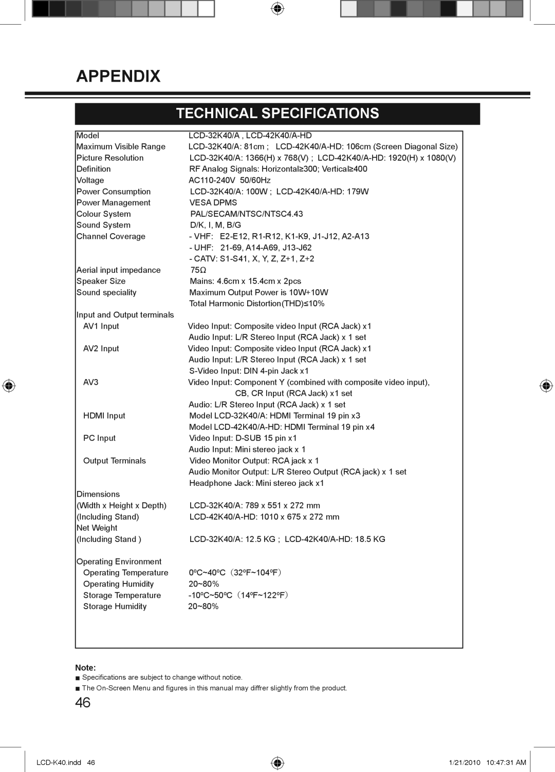 Haier LCD-32K40A, LCD-42K40A-HD, LCD-42K40-HD owner manual Technical Specifications, Vesa Dpms, PAL/SECAM/NTSC/NTSC4.43, AV3 