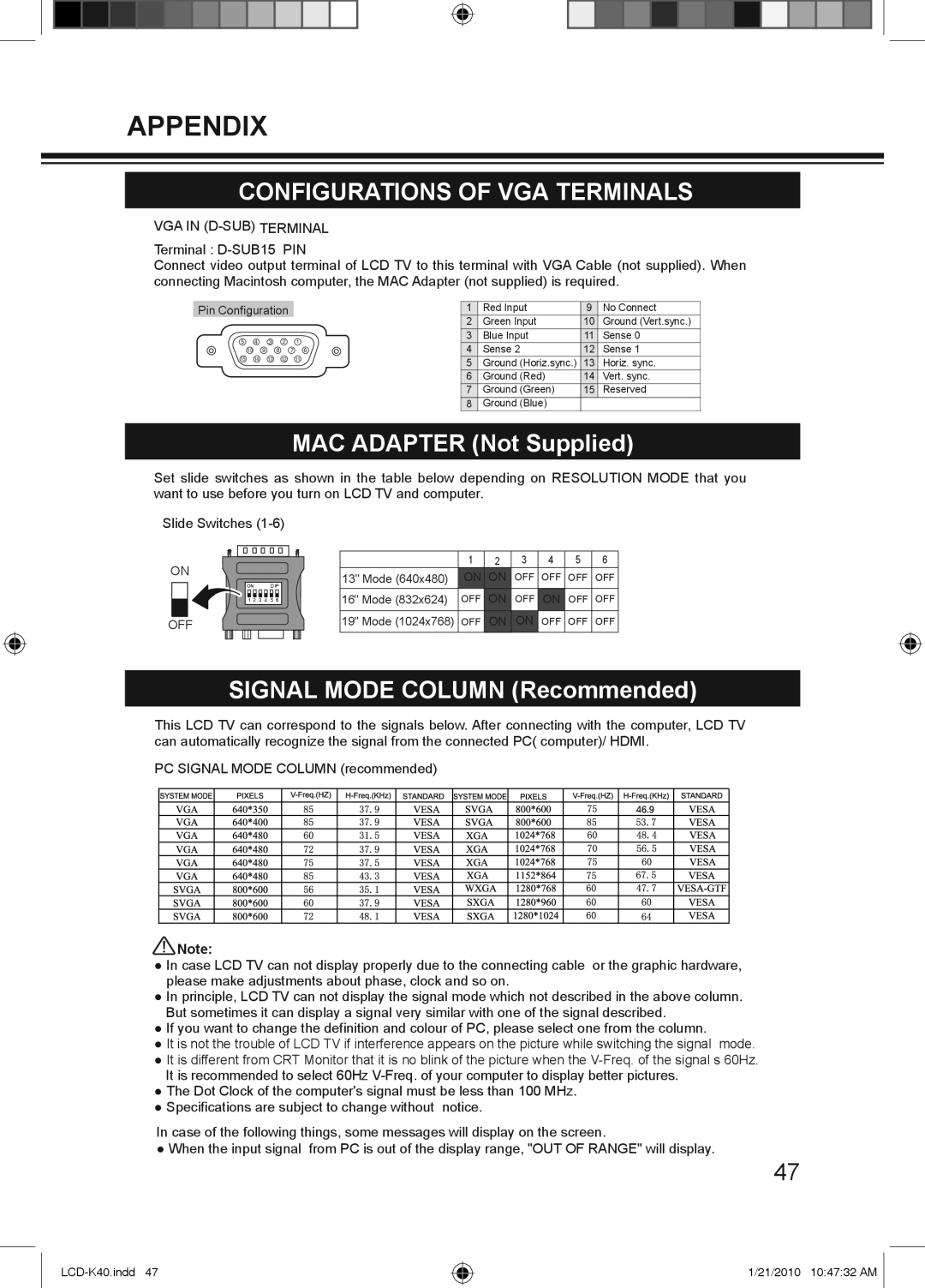 Haier LCD-42K40A-HD, LCD-42K40-HD, LCD-32K40A owner manual Configurations of VGA Terminals, VGA in D-SUB Terminal 