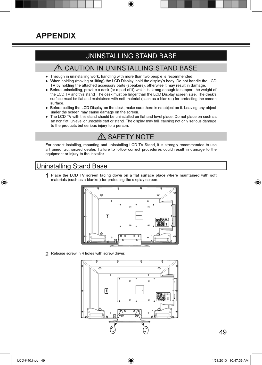 Haier LCD-42K40-HD, LCD-42K40A-HD, LCD-32K40A owner manual Uninstalling Stand Base 