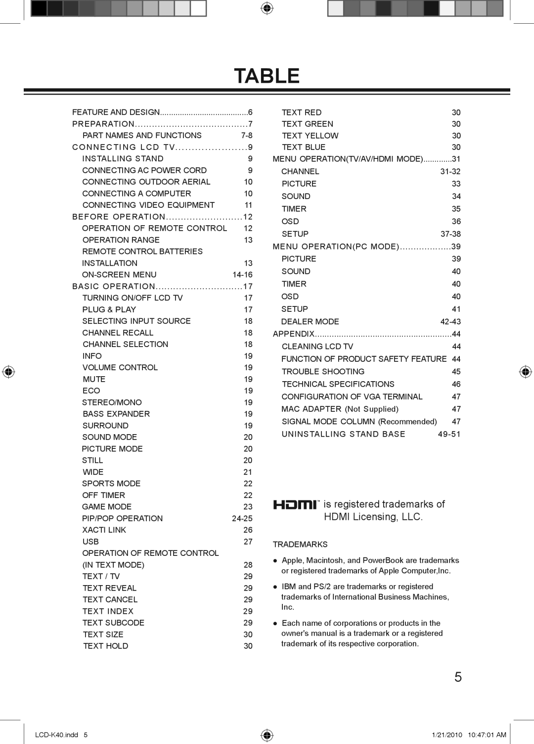 Haier LCD-42K40-HD Text Blue Installing Stand, Connecting AC Power Cord Channel, Channel Recall, Bass Expander, Text Mode 