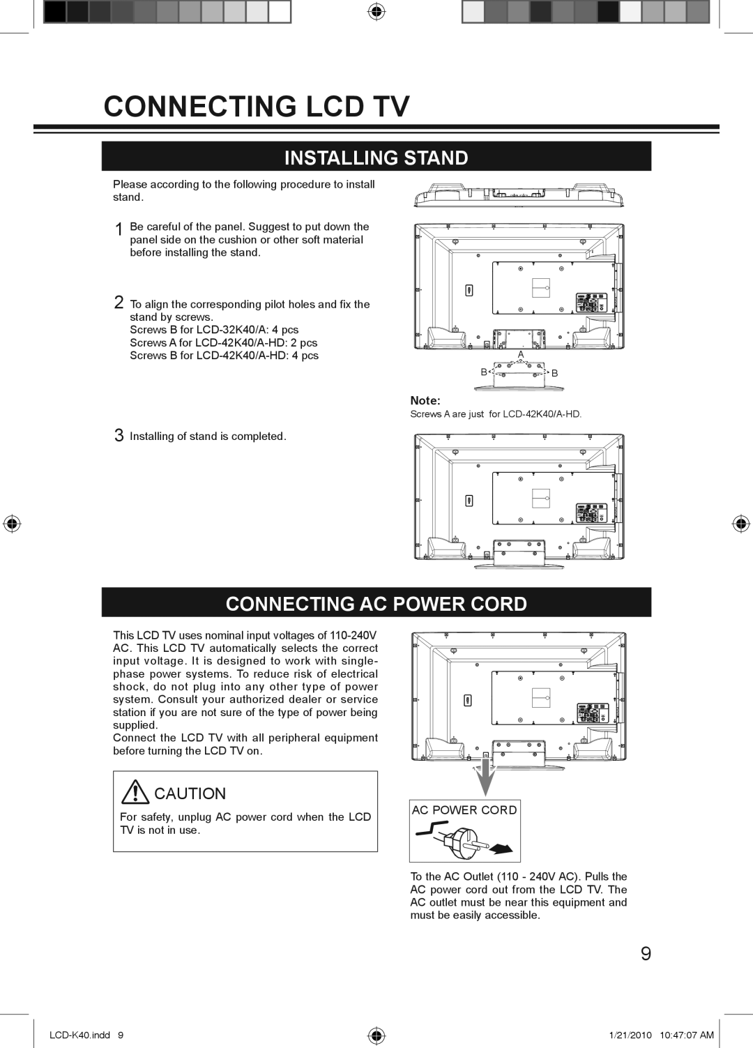 Haier LCD-42K40-HD, LCD-42K40A-HD, LCD-32K40A owner manual Connecting LCD TV, Installing Stand, Connecting AC Power Cord 