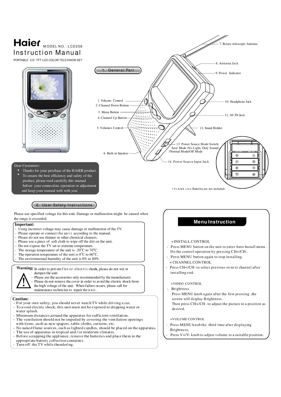 Haier LCD258 instruction manual General Part, User Safety Instructions, =INSTALL Control, = Channel Control 