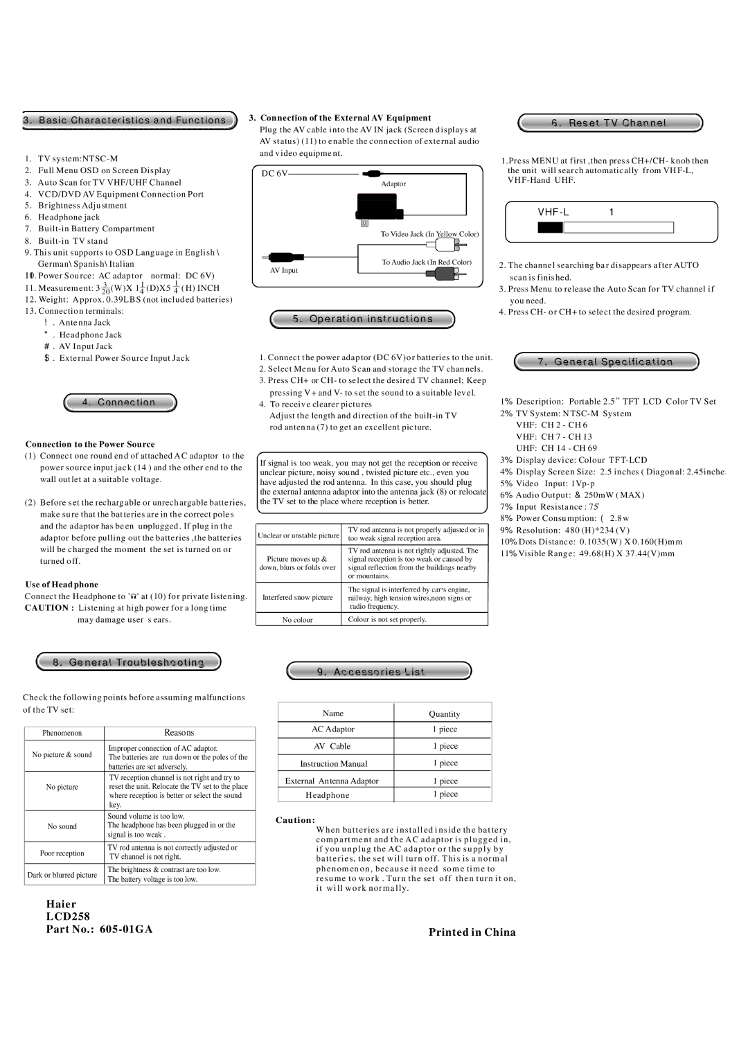 Haier LCD258 Connection, Operation instructions, Reset TV Channel, General Specification, General Troubleshooting 