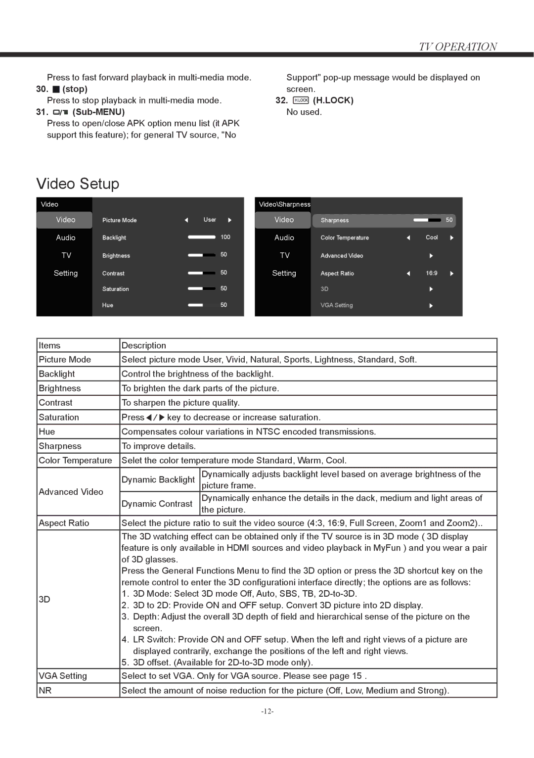 Haier LD42U7000, LD50U7000 owner manual Video Setup, TV Operation 