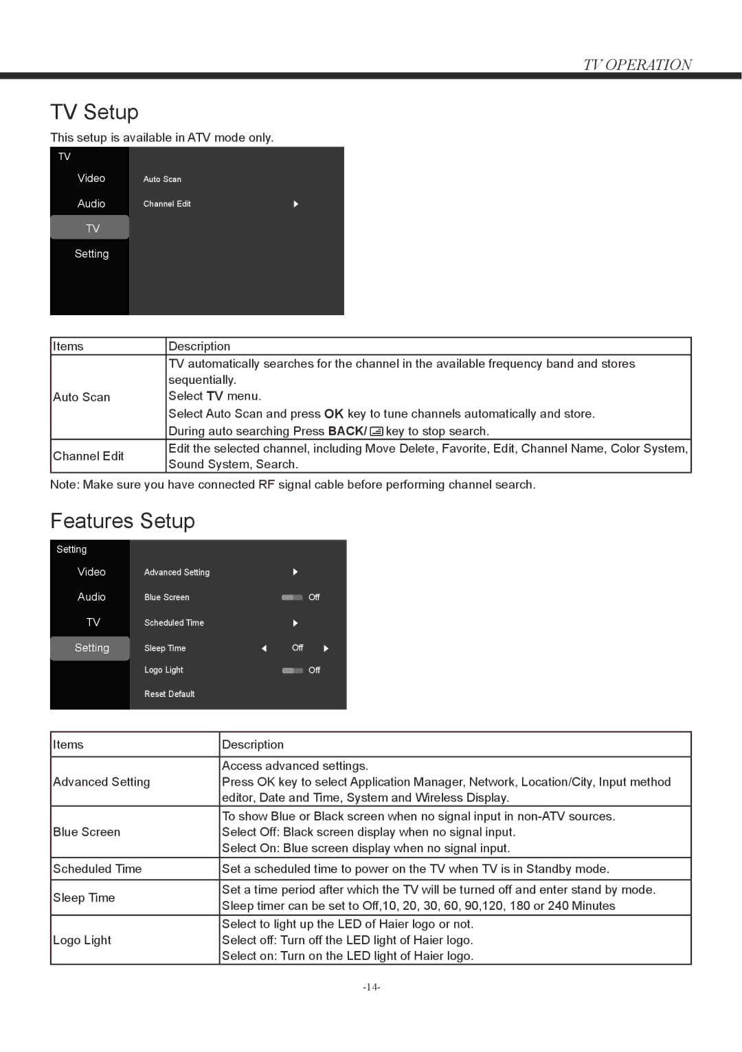 Haier LD42U7000, LD50U7000 owner manual TV Setup, Features Setup 