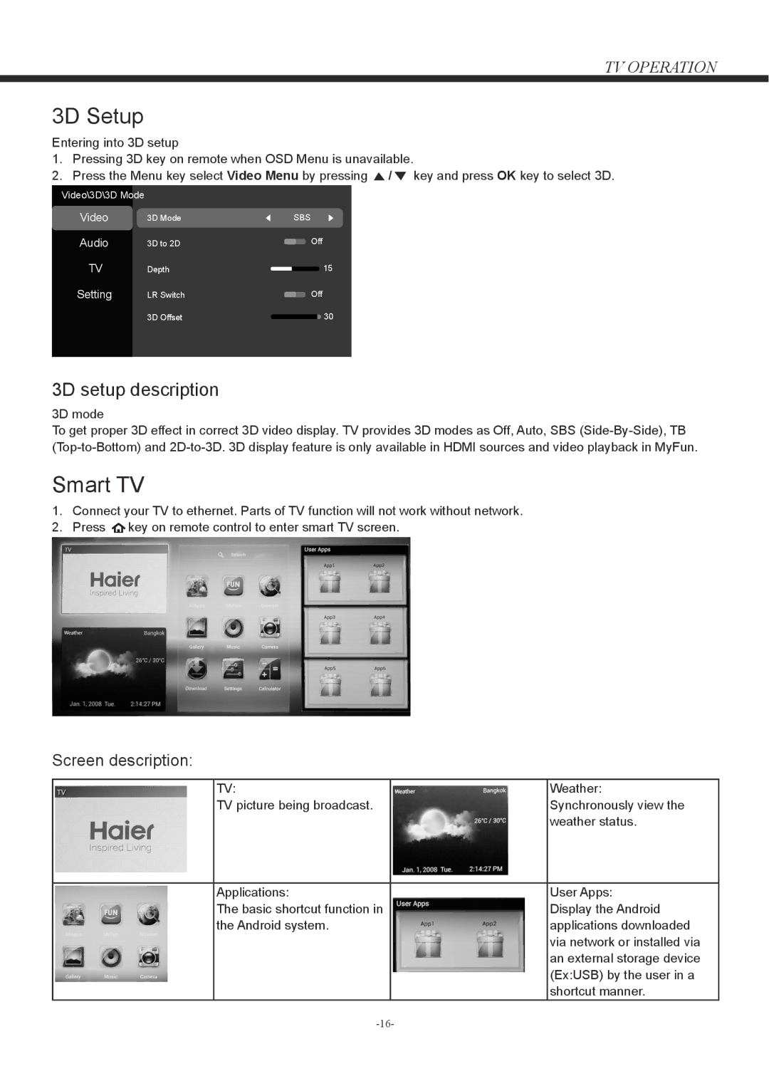 Haier LD42U7000, LD50U7000 owner manual 3D Setup, Smart TV 