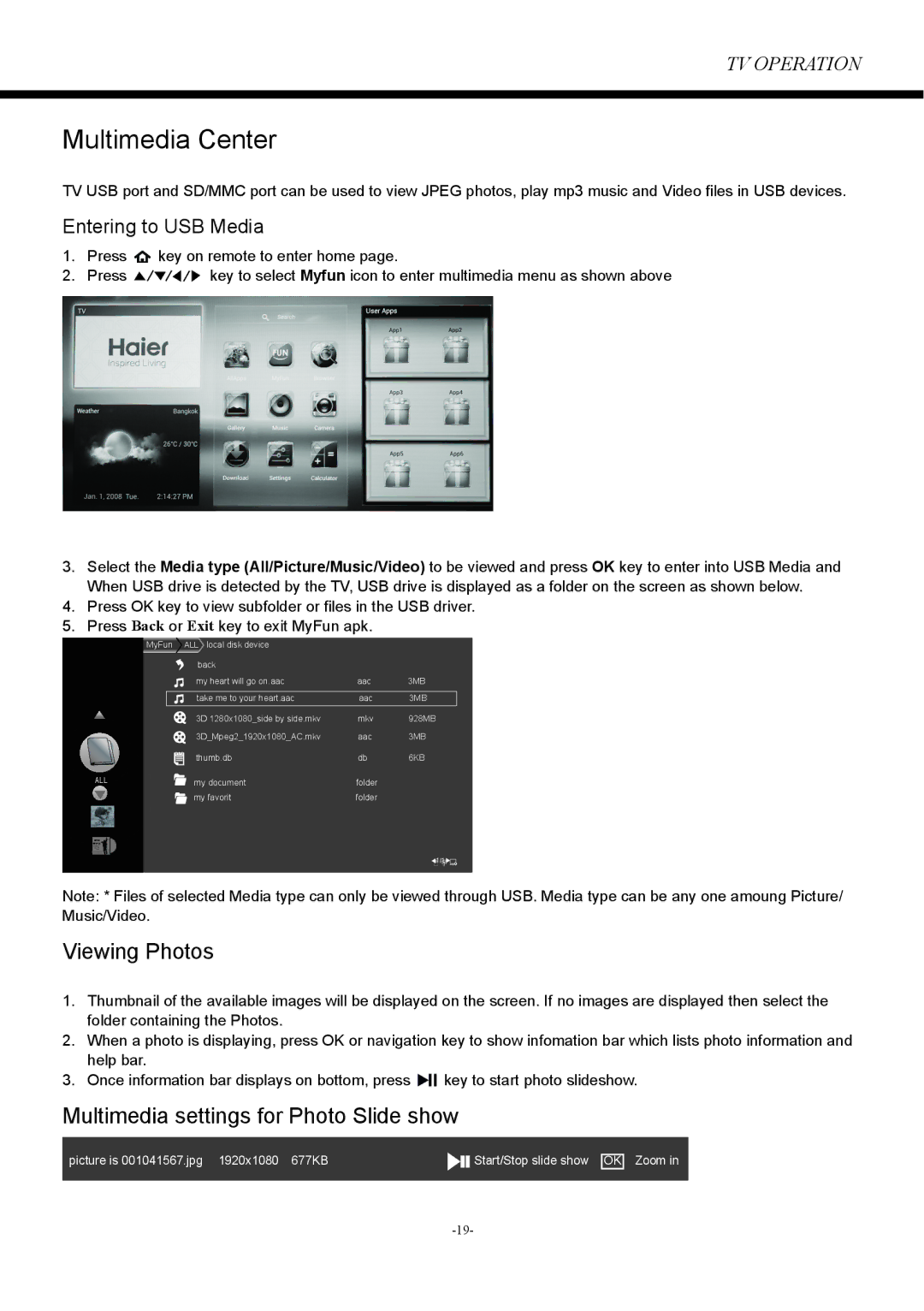 Haier LD50U7000, LD42U7000 owner manual Multimedia Center, Entering to USB Media 