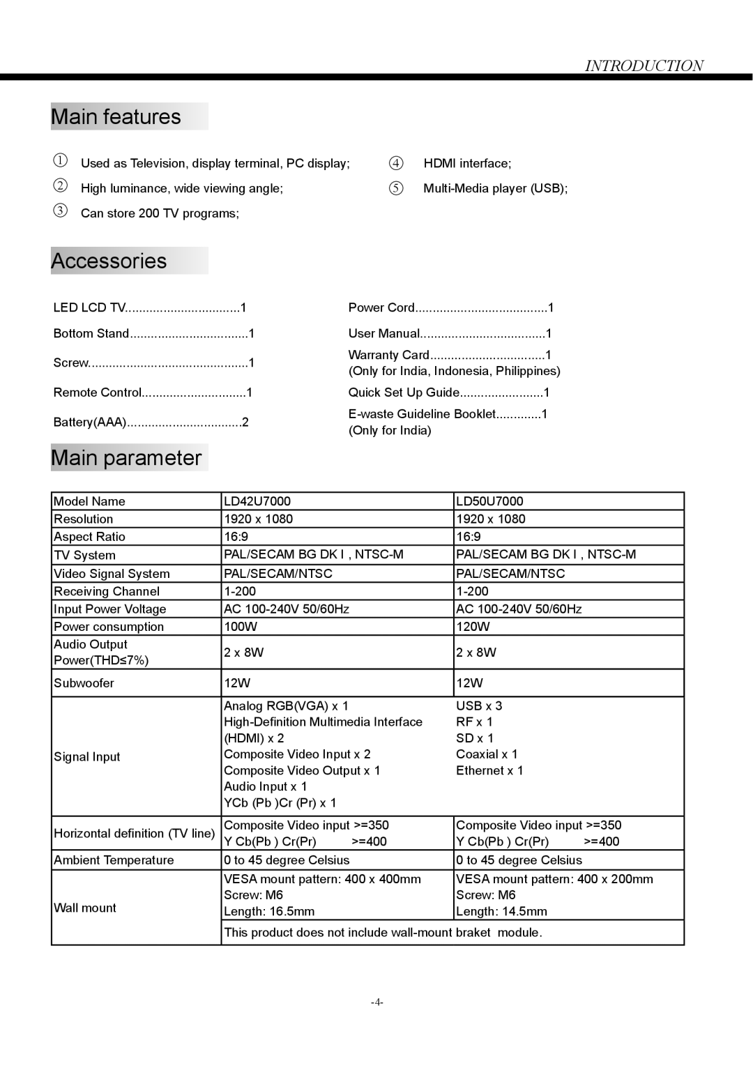 Haier LD42U7000, LD50U7000 owner manual Main features, Accessories, Main parameter 