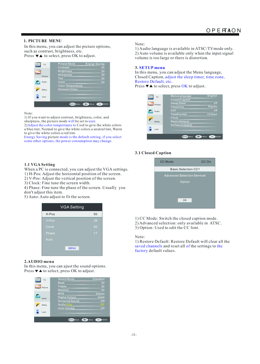 Haier LE19B3320 manual Operation, Picture Menu 