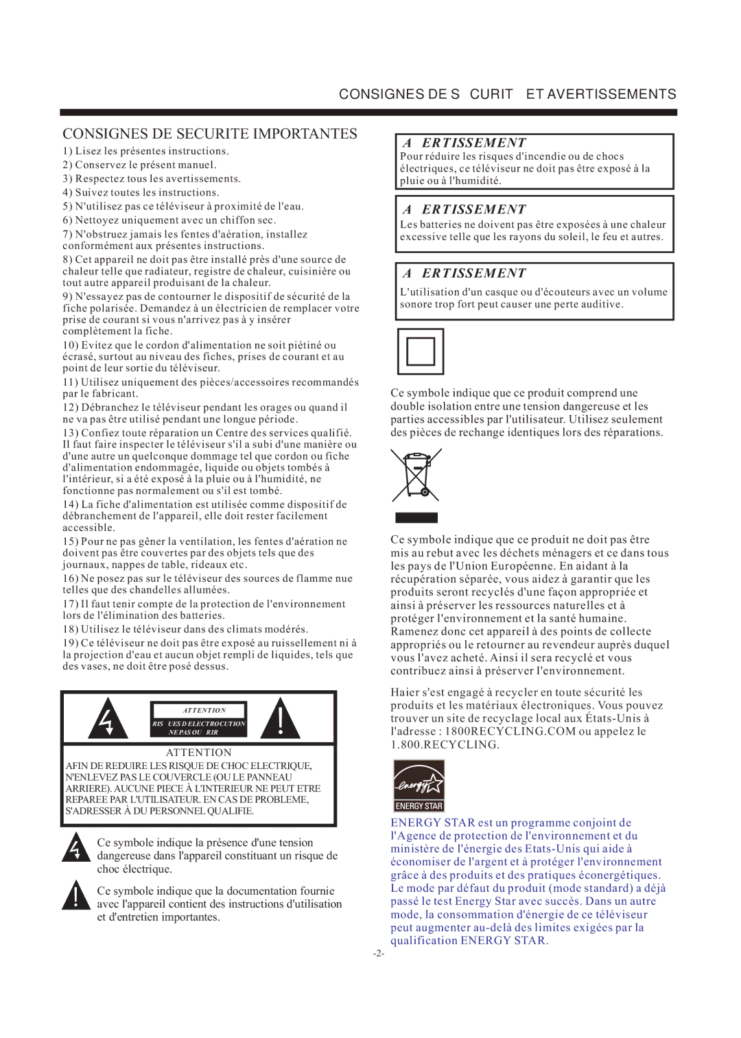 Haier LE19B3320 manual Consignes DE Securite Importantes 