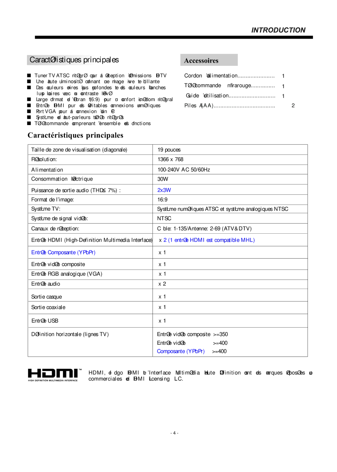 Haier LE19B3320 manual Caractéristiques principales 