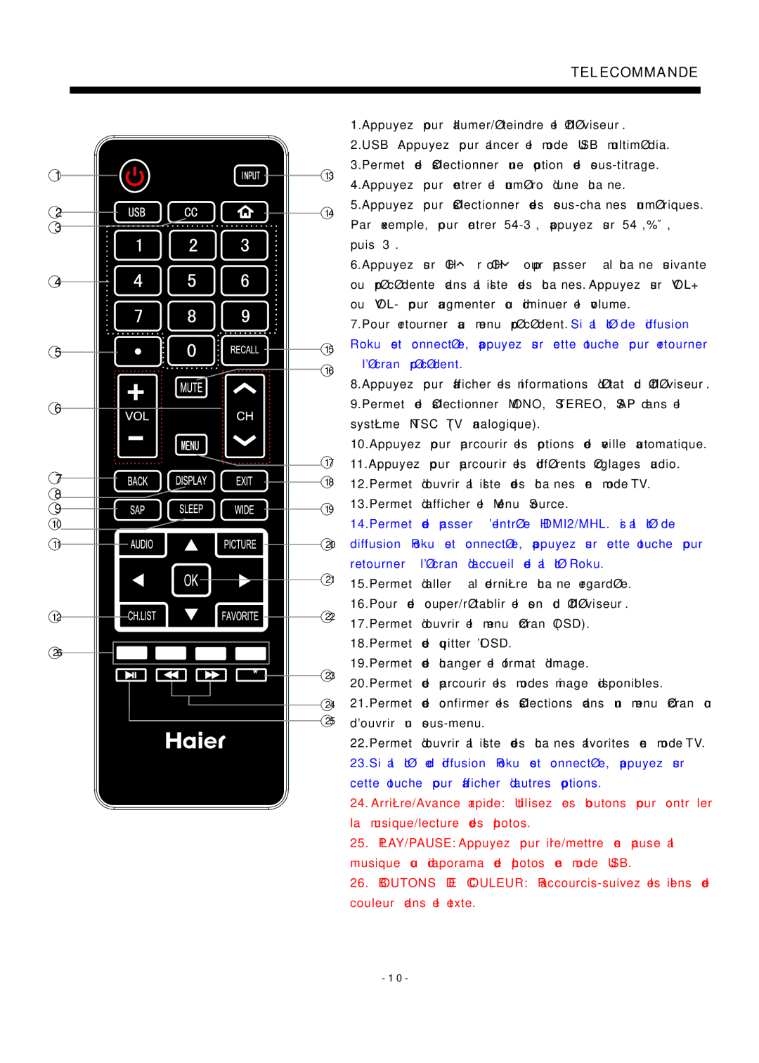 Haier LE19B3320 manual Telecommande 