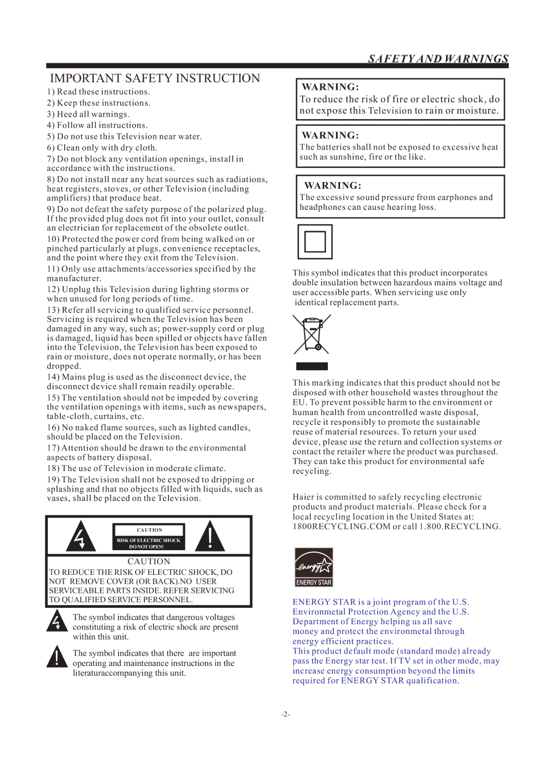 Haier LE19B3320 manual Important Safety Instruction 