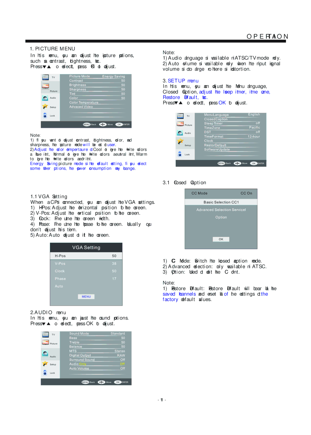 Haier LE22F33800 manual Picture Menu, Closed Caption VGA Setting, Audio menu 