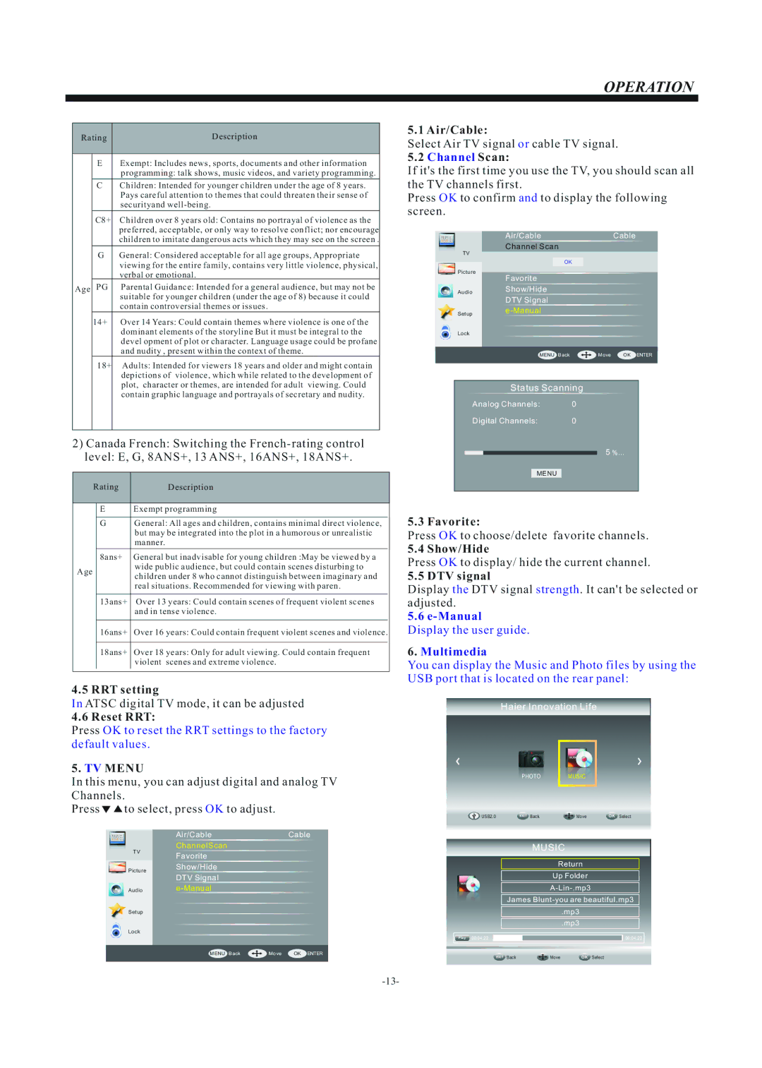 Haier LE22F33800 manual TV Menu 