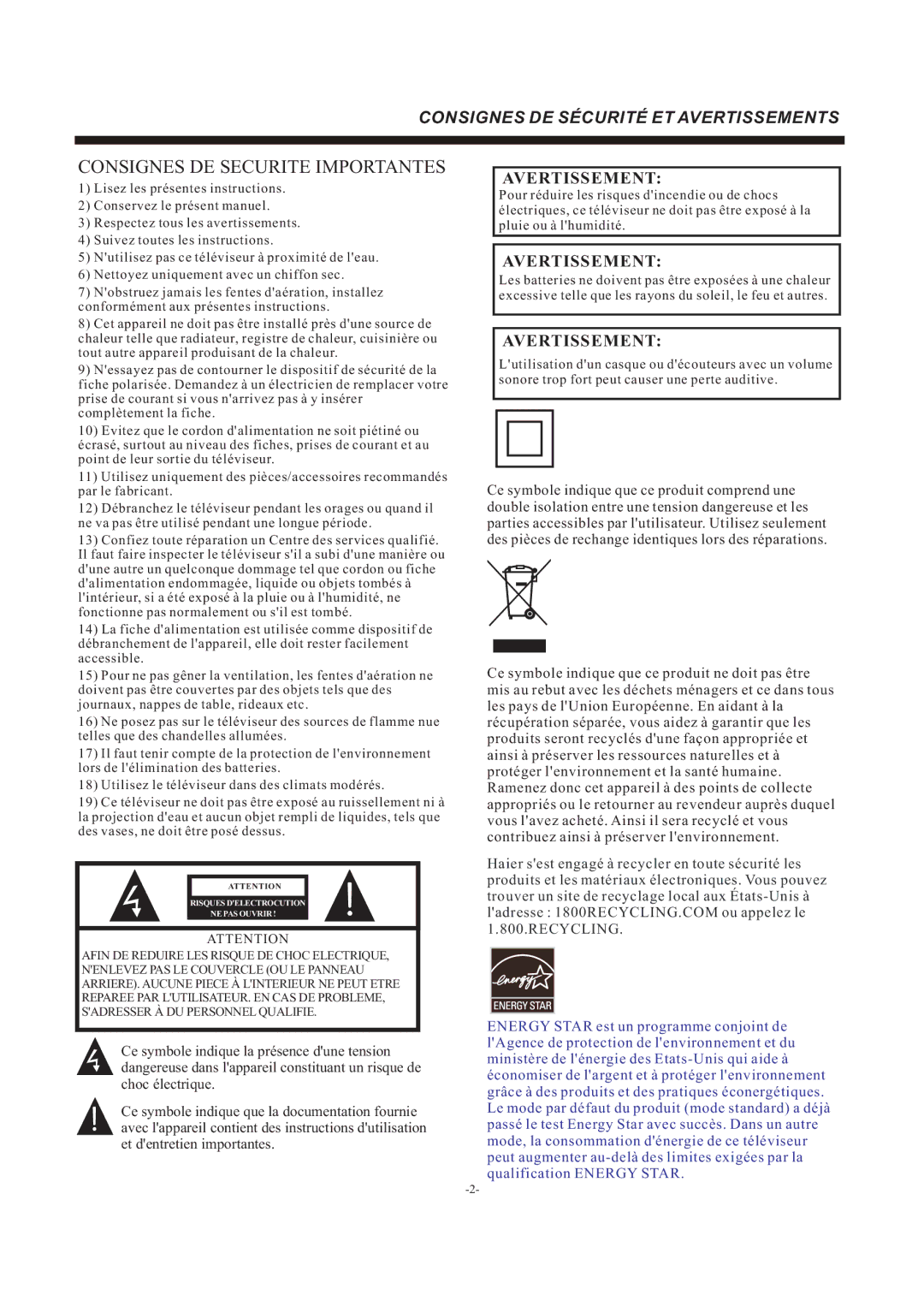 Haier LE22F33800 manual Consignes DE Securite Importantes 