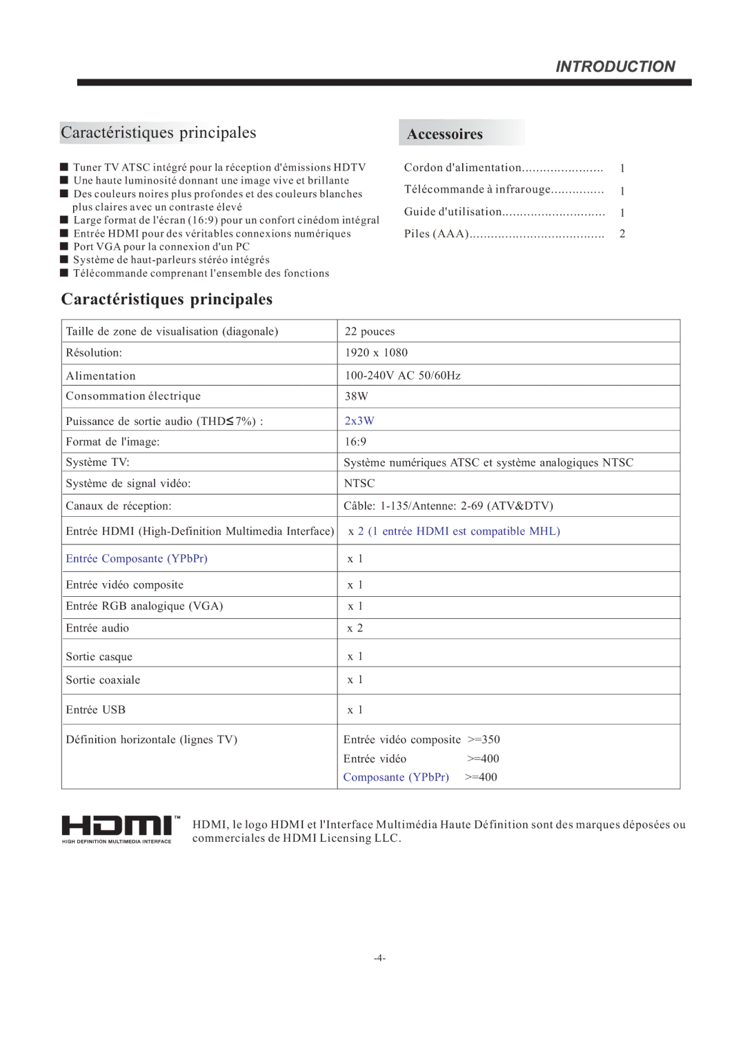 Haier LE22F33800 manual Caractéristiques principales 