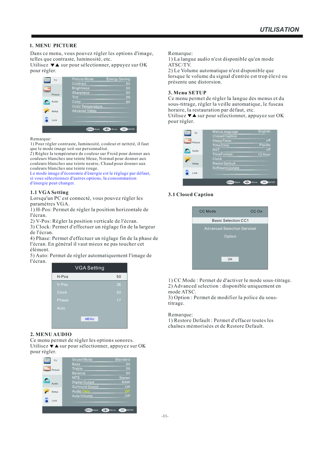 Haier LE22F33800 manual Menu Picture, Menu Setup, Menu Audio, Closed Caption 