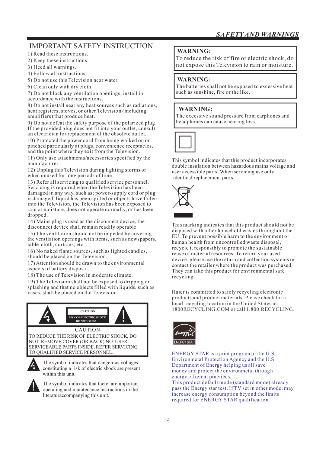 Haier LE22F33800 manual Important Safety Instruction 