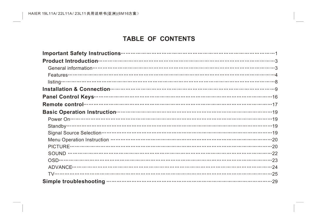 Haier LE19K300, LE22K300, LE24K300 manual Table of Contents 