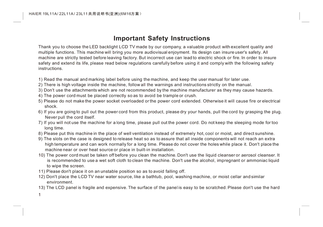 Haier LE22K300, LE24K300, LE19K300 manual Important Safety Instructions 