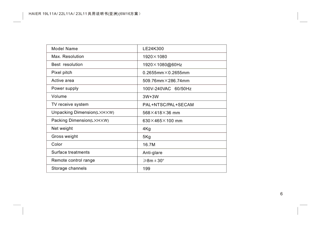 Haier LE19K300, LE22K300, LE24K300 manual Pal+Ntsc/Pal+Secam 